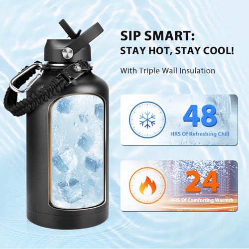 Image of One Gallon Insulated Water Bottle, Triple Wall 128 oz Stainless Steel Wide Mouth Water Bottles (Cold for 48 Hrs), Leak Proof, Non-BPA, Large Water Flask Jug with Paracord Handle & Straw Spout Lids