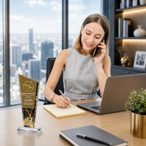 Image of Custom Crystal Trophy Award Personalized Plaque Award with Text Logo Photo Awards Trophies for Employee Recognition Team Graduation Personalized Office Gifts for Boss Coworker Teacher