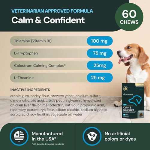 Image of VetriScience Veterinary Strength Calm & Confident Chews - Stress Supplement for Pets - Supports Brain Function for Cats & Dogs - with L-Theanine, Thiamine & More - 60 Count