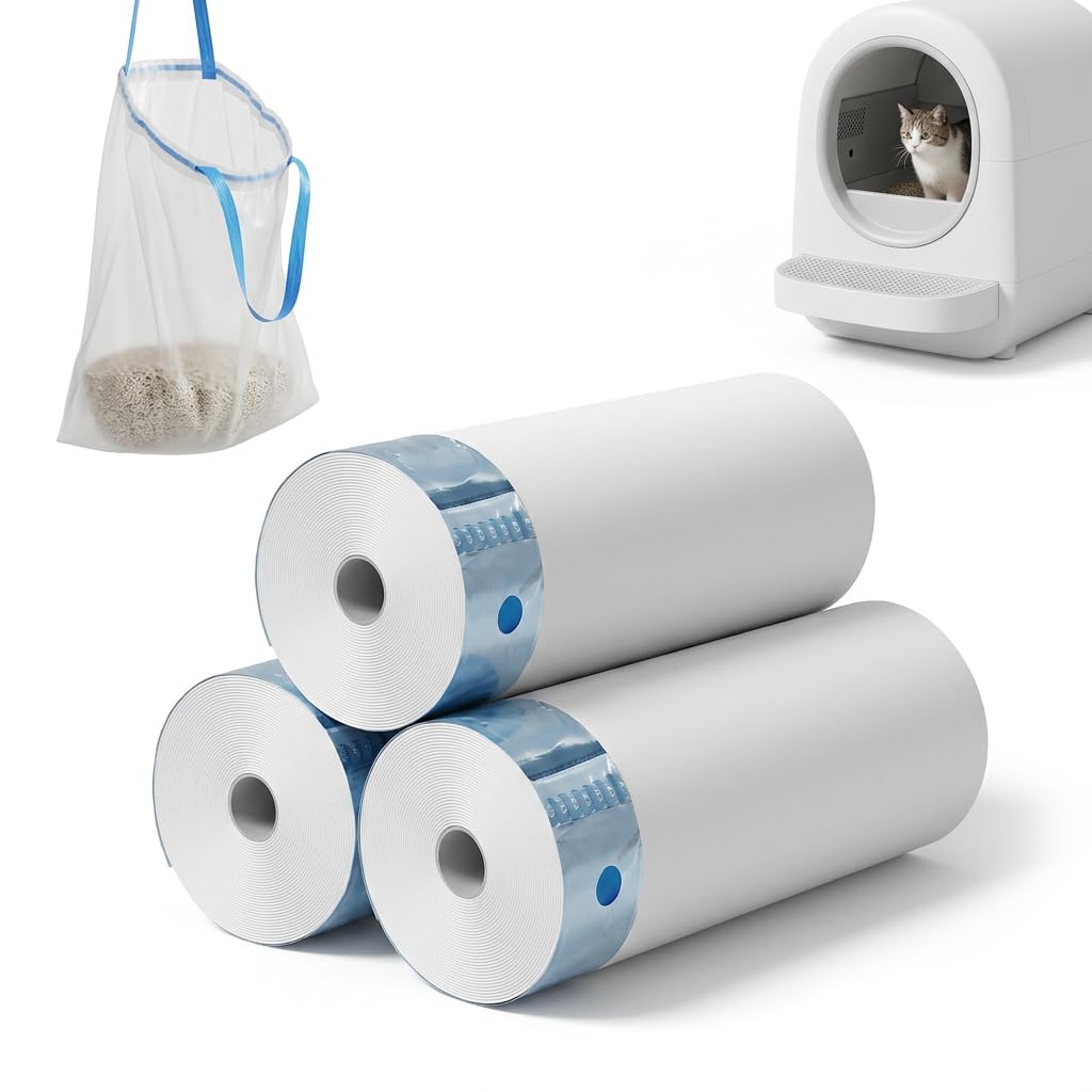 Cat Litter Bags 60pcs for Automatic Cat Litter Tray, Heavy Duty Drawstring Litter Tray Liners, Tear Resistant and Leak Proof Self Cleaning Litter Box Liners, Large Cat Litter Bin Bags
