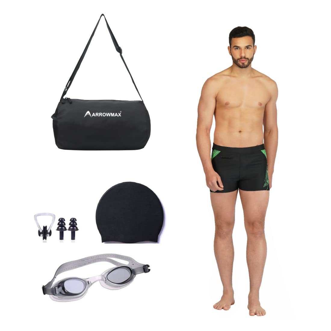 Swimming Kit for Men Boys with Trunks Costume Shorts Free Size | Swimming Cap Silicone | Swimming Goggles Antifog | Earplug and Noseplug Set (Black Combo)