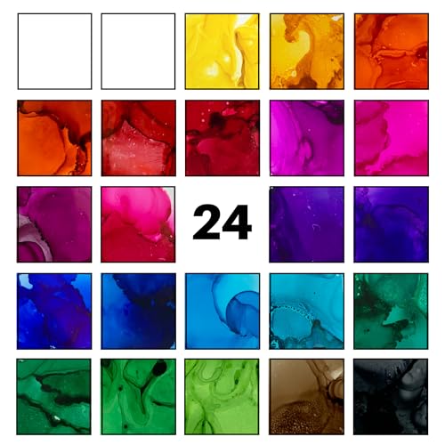 Image of Alcohol Ink Set - New Improved Formula - 24 Highly Saturated, Fast-Drying, Permanent Inks for Epoxy Resin, Tumblers, Fluid Art Painting, Glass, Metal, and More