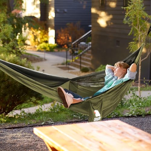 Image of COVACURE Camping Hammock - 772lbs Capacity Portable Hammock with Tree Straps, Durable Parachute Nylon Travel Hammock, Outdoor Camping Gear for Hiking, Backpacking, Travel or Backyard (Army Green)