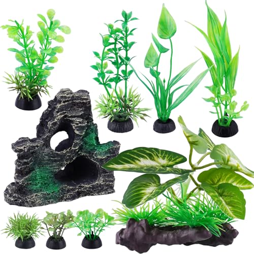 NiHome 9PCS Realistic Aquarium Artificial Plant Decoration Set, Weighted Base Driftwood, Rock Mountain & Aquatic Plants, Non-Fading Aquascape Greenery Ornaments for Freshwater or Saltwater Fish Tanks - image 7