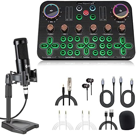 Podcast Equipment Bundle,Condenser Microphone Kit-JESPAI with All-In-One DJ Mixer, Live Sound Card - Audio Interface for Laptop Computer Vlog Living Broadcast, Live Streaming,YouTube, TikTok, PC