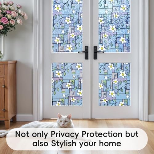 Image of WOO Home Frosted Glass Window Film & Stickers (24 X 96 INCH) Privacy Window Cover for Home & Office - Easy Apply, UV Protection, Removable Decorative Film (Blue Leaves Design Film | 2 X 8 SQFT)