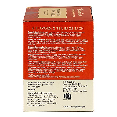 Teeccino Mushroom Herbal Tea – Mushroom Adaptogen Tea Sampler – Support Your Health With Mushrooms And Adaptogenic Herbs, Prebiotic, Caffeine Free, Acid Free, 12 Tea Bags #TOP1