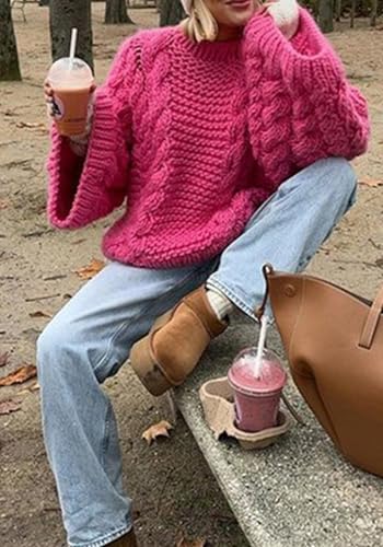 Image of Unybwonn Fall Plus Size Sweaters for Women Loose Batwing Sleeve Cute Cable Knitted Tops Y2k Loose Pullover Outfits Red