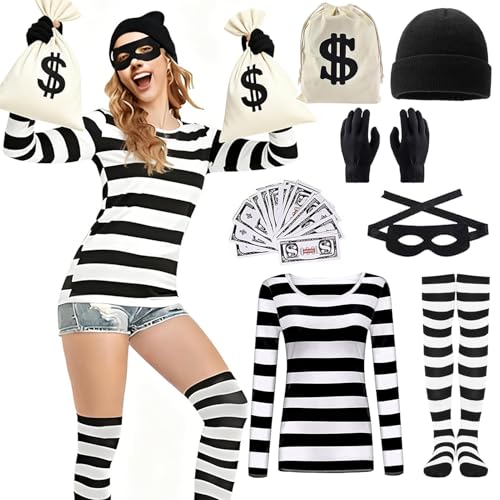 Antsparty Disfraz de depredador para hombre y mujer, disfraz de carnaval de ladrones, juego con camiseta, máscara de ojos, gorro, guantes, bolsillos, disfraz de ladrón para