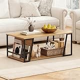 Giantex Modern Coffee Table with Storage, 2-Tier Rustic Wood Center Table with Shelf, Compartment, Metal Frame, Rectangular Geometric Living Room Table for Apartment (Oak)