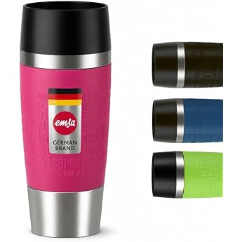 Emsa 513550 Travel Mug Classic Thermo/Insulated Mug Capacity 360 ml Keeps Hot for 4 Hours / Cold for 8 Hours 100% Leak-Proof Quick Press Closure 360  Drinking Opening Raspberry