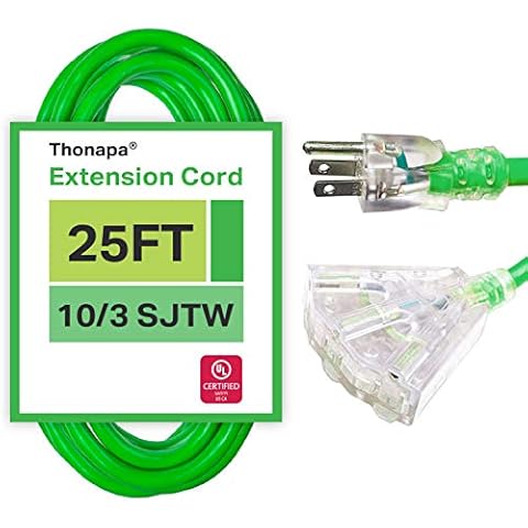 Thonapa 10 Gauge Extension Cord 25 Ft with 3 Outlets, 10/3 Heavy Duty Outdoor Extension Cord 25' with Multiple Outlets 3 Prong 15 Amp SJTW Weatherproof Industrial Cable Neon Green for Major Appliances Cover