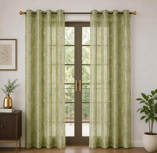 Image of Homefab India Multi Foil Transparent Sheer Curtain - 9 X 4 Feet, Long Door Curtains, Green, Pack of 1 Piece