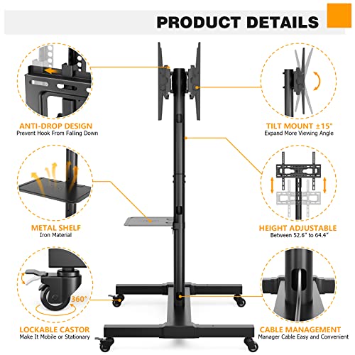 5Rcom Rolling/Mobile Tv Cart With Wheels For 32 To 55 Inch Lcd Led 4K Flat Curved Screen Vertical Tvs-Height Adjustable Screen Tilt Rolling Tv Stand For 2 Tvs With Laptop Shelf Holds Up To 132 Lbs #TOP5