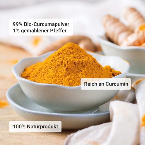 Raab Vitalfood® Naturland Bio Curcuma Pulver (100 g) - Curcuma Pulver in Naturland Bio Qualität, 5% Curcumingehalt, ergänzt mit Piperin aus schwarzem Pfeffer, ohne Zusätze, vegan