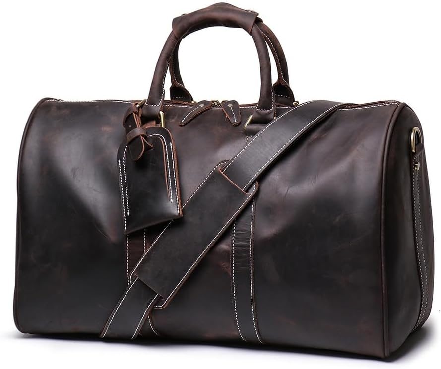 Genuine Leather Men Travel Bag Cowhide Luggage Bags Shoulder Bag Women Weekend Bag Overnight Gym Sports Carry On Duffel Bag (Black-20" with shoe compartment)