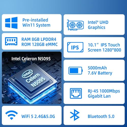 Image of HEIGAOLA Mini PC,10.1 Inch Touchscreen Win 11 Pro Mini Computer, Celeron N5095 8GB RAM /128GB ROM Mini PC with Screen,Dual RS232 HDMI,BT 5.0,WiFi 5.0,Type-C (N5095, 128, GB, 8+128 Battery)