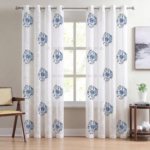 Image of LINENWALAS Decorative Cotton Linen Sheer Curtains 9 Feet for Long Door -Block Printed Door Curtain | Grommet Hanging Style Pack of 2 Panels |Light Filtering Sheer Drapes (Blue Crown Bird)