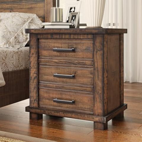Henf 3-Drawer Storage Wood Cabinet, Solid Wood Farmhouse Nightstand, Fully Assembled Nightstand Drawer Chest Side Table Solid Wood Furniture for Bedroom Living Room, Rustic Brown Cover