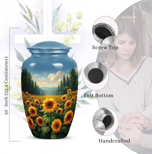 Image of Sunflower Flower Urns for Human Remains - Blue Funeral Urns for Adult Ashes Women - Yellow Sunflower Urn for Human Ashes Adult Male - Large Decorative Urn for Mom and Dad 10inch