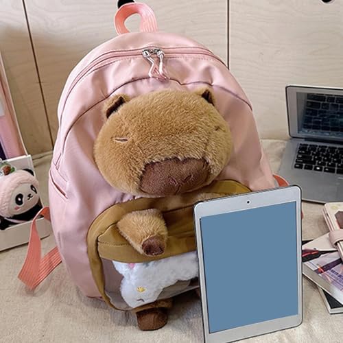 Mochila de peluche Capybara rosa escolar para libros universitarios de gran capacidad 6
