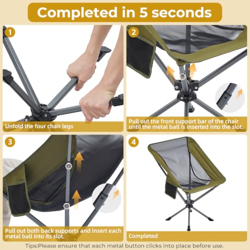 Silla Plegable Ligera con Giro 360°, Silla de Camping para Adultos con Bolsillo Lateral y Bolsa de Almacenamiento, Portátil para Exterior que se Monta en Solo 7 Segundos, Rotación Flexible 360° miniatura 4