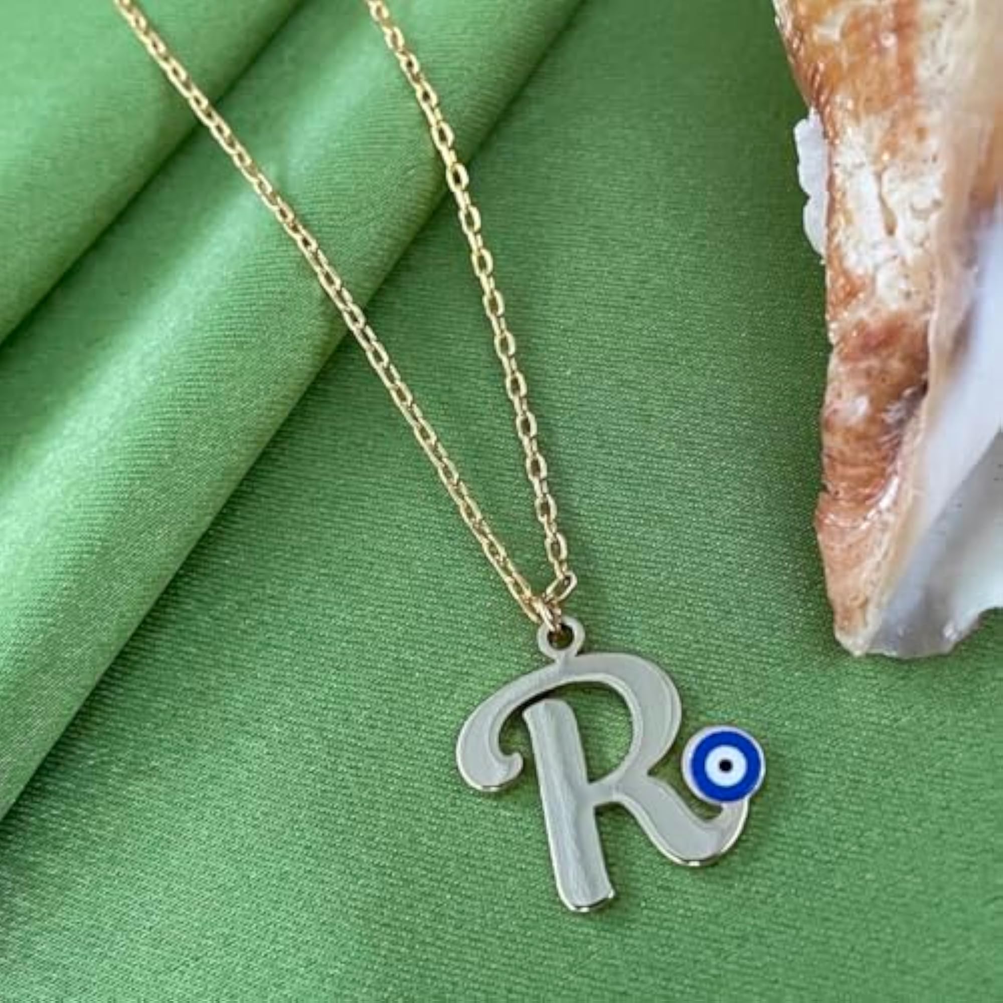 Women's Gold Plated Letter 'R' Blue Evil Eye Initial Necklace