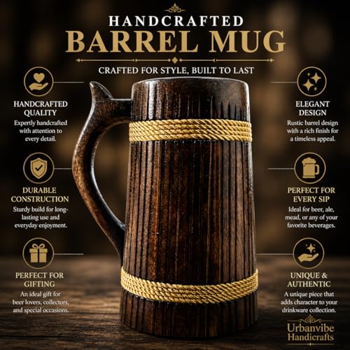 Image of Handmade Wooden Beer Mug, Wood with Sheesham Finish, Barrel Style, Lightweight & Durable, for Craft Beer, Home Bar, Cafe, Party, Gift(350ml) (Thin Verticle line)
