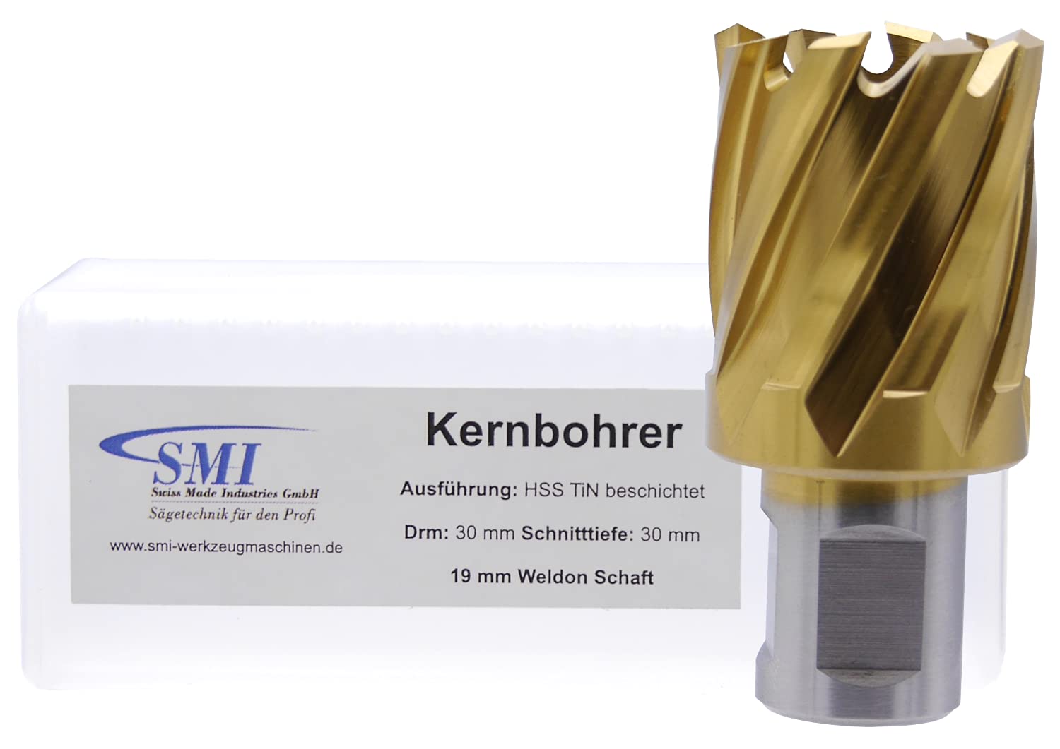 SMI HSS TiN Kernbohrer 30 mm Drm. Schnitttiefe 30 mm, Aufnahme 19 mm Weldonschaft