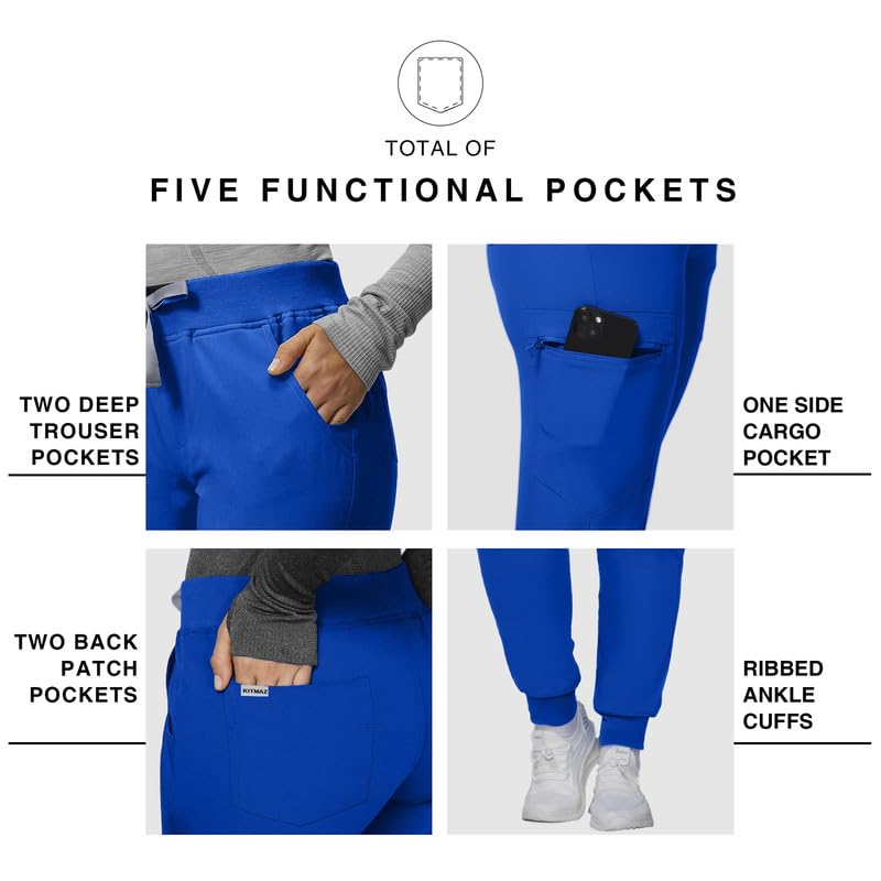 Image of Kitmaz Scrub Pants for Women - Mid Rise 4-Way Stretch Anti-Wrinkle Slim Fit Jogger Pants, Drawstring & 5 Pockets