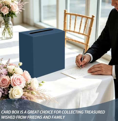 Image of SietDESEO Navy Blue Card Box for Graduation Large Cardboard Gift Card Box Holder for Wedding Reception Birthday Graduation Baby Shower Raffle Ticket Box with Slot