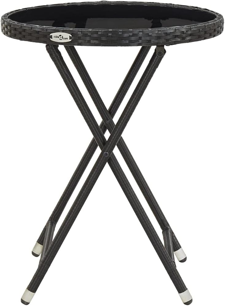 Foldable Round Tea Table, Small Black PE Rattan Side Table with Tempered Glass Top, Weather-Resistant Outdoor Coffee Table for Patio, Garden, and Living Room