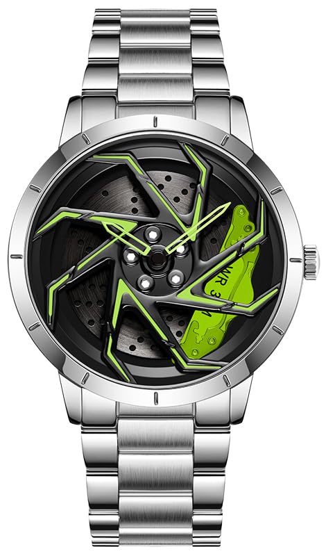 Image of FANMIS Men's Racing Car Wheel Watch 3D Spinning Dial Stainless Steel Watch | Creative 3D Spinning Car Quartz Large Skeleton Face and 30M Water Resistance Designed for Car Fans and Daily Wear.