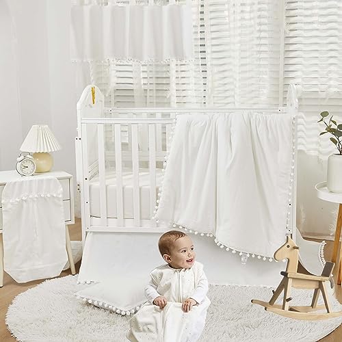 Image of Brandream Gender Neutral Boho Bohemian Baby Girl Boy Nursery Crib Bedding Set 3 Pieces Solid White Farmhouse Chic Unisex Minimalist Tassel Pom Pom Macrame Cozy 100% Washed Cotton