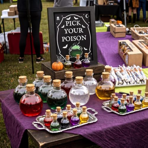 Suclain 30 Pcs Halloween Glass Potion Bottle Set with Corks 7 oz Glass Apothecary Bottles and Pick Your Poison Wooden Framed Sign DIY Witch Potion Decor for Tiered Tray Mantel and Halloween Party