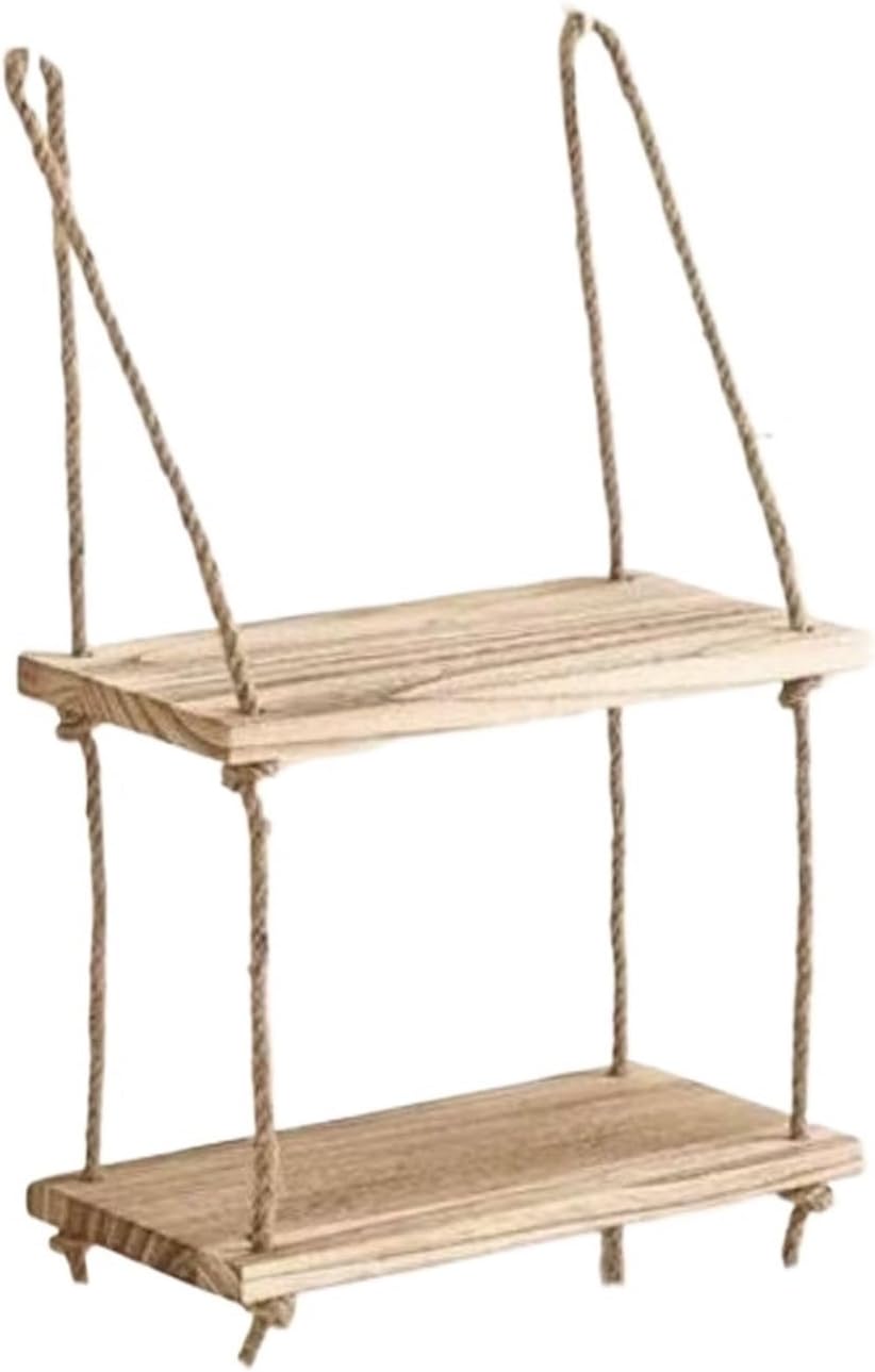 Wooden Floating Shelves for Wall Plant Flower Wood Swing Hanging Rope Storage Home Living Room Decor 1/2/3-tier(2-tiers)