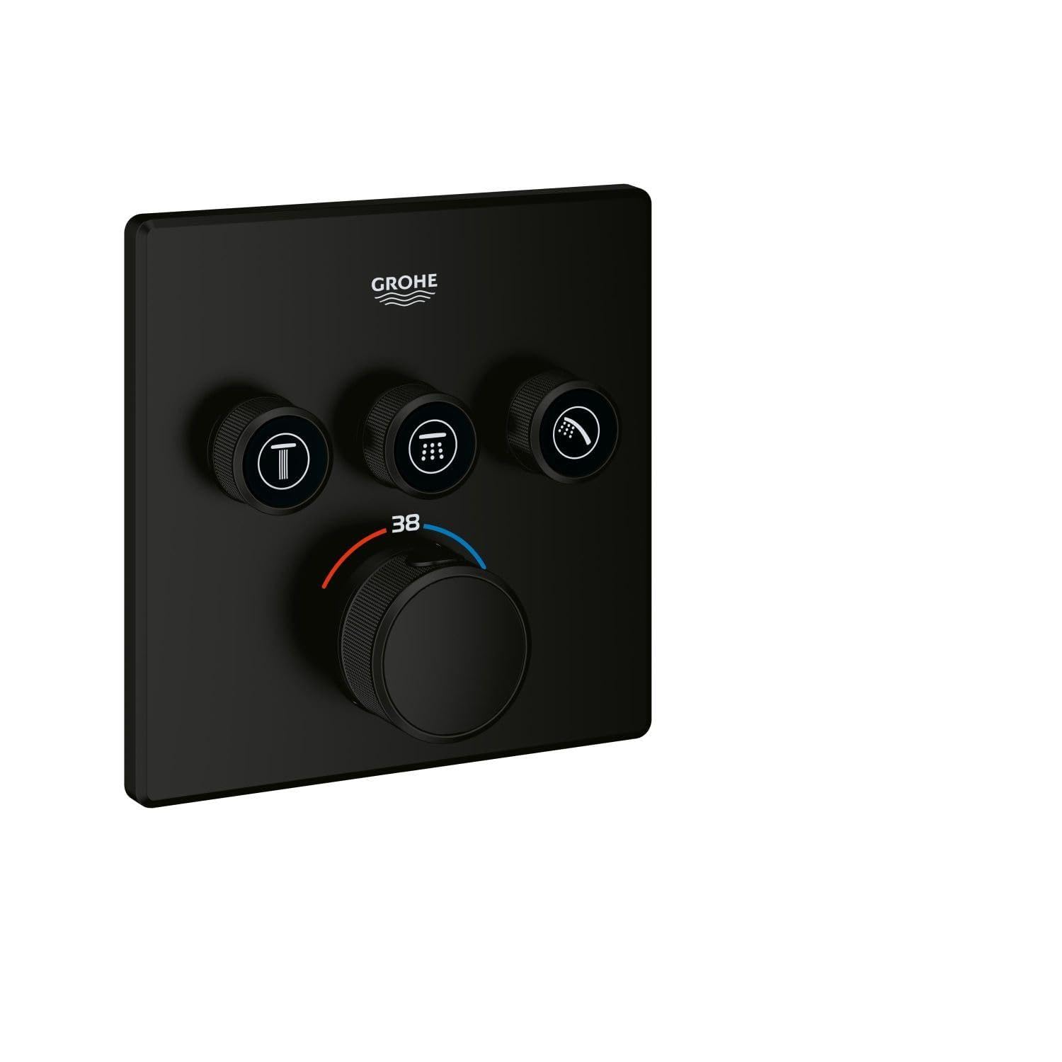 GROHE Grohtherm Smartcontrol, Duscharmatur Thermostat Unterputz (3 Absperrventile, ultraflaches Design, Wandrosette aus Metall, Fertigmontageset, ohne Rohbau-Set SmartBox) mattschwarz, 291262430