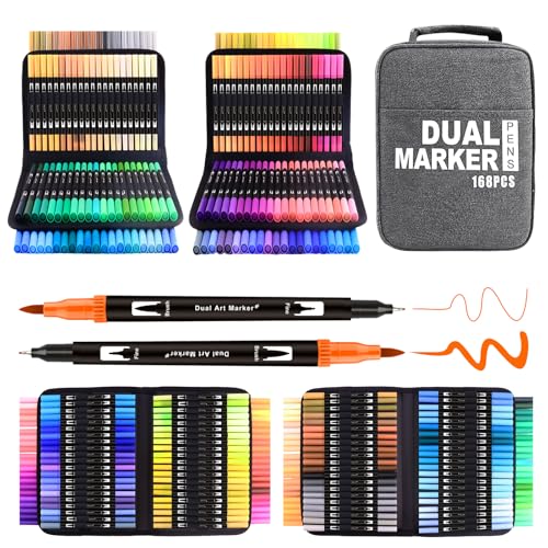 Gelanty Feutres Coloriage Adulte, 168 Stylos Dual Tip Brush Lot de Marqueurs d'art Calligraphie Lettrage Feutre pour Coloriage Adulte, Croquis, Peinture, Création Artistique