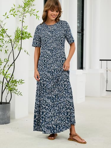KORSIS Women's Maxi Dresses Mid Sleeve Flowy Summer Fall Winter T-Shirt Cocktail Long Dress Loose Fit Layering Sundress with Pockets Navy Blue Vertical Floral Medium — view 2