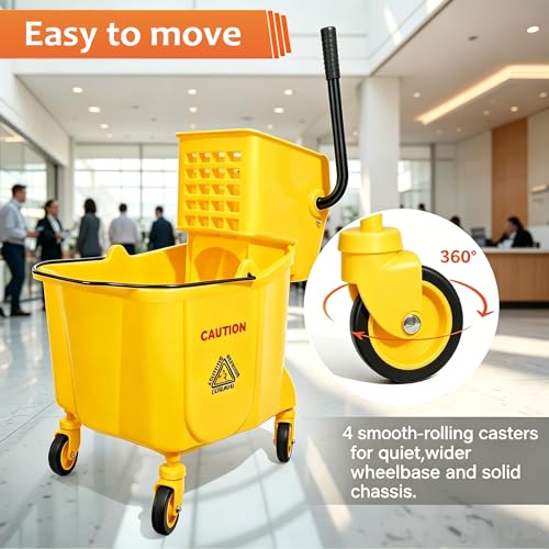 Image of 35 Qt Commercial Mop Bucket with Side-Press Wringer Combo on Wheels | Including Janitor Industrial Mop Bucket,Commercial Mops and Wet Floor Caution Sign,Yellow, VOUBIEN