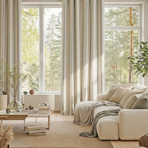 Image of MYSKY HOME Grey Striped Curtains 100% Blackout 84 Inches Long Gray Decorative Patterned Ticking Stripe Pinstripe Farmhouse Rustic Linen Double Layer Drapes for Bedroom, Grommet, 2 Panels, 52 inch Wide