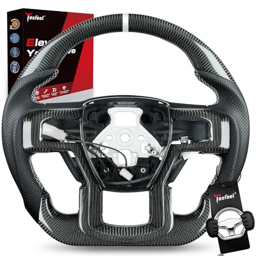 TESFEEL Real Carbon Fiber Steering Wheel Heated for F150 Raptor Gen 2 (2017-2020), D-Shape, Nappa Leather with White Stripe & Stitching, Matching Trim Piece, for Raptor with Paddle Shifters Models