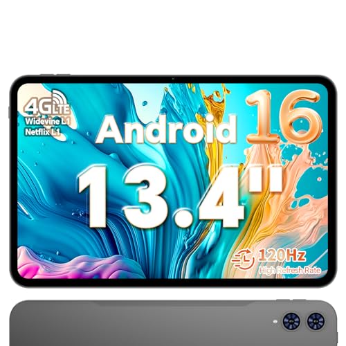 TECLAST T65 Tablet 13,4 Zoll Android 16 Tablets 120Hz Display, 4G LTE Dual SIM, 2.2GHz Gaming, 20GB RAM+128GB ROM(4TB TF), GPS, Widevine L1, Tabletpc mit usbc Anschluss für Streaming, Filme