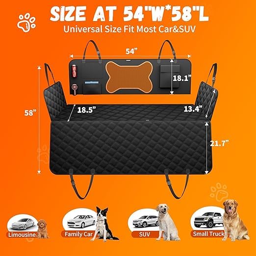 Image of Dog Car Seat Covers, 600D Heavy Duty 100% Waterproof, Nonslip, Zipper Design seat Protector, Mesh Window, Perfect Dog Hammock for Car Backseat, SUVs, Sedans & Truck (Black, Flat Bone Mesh)