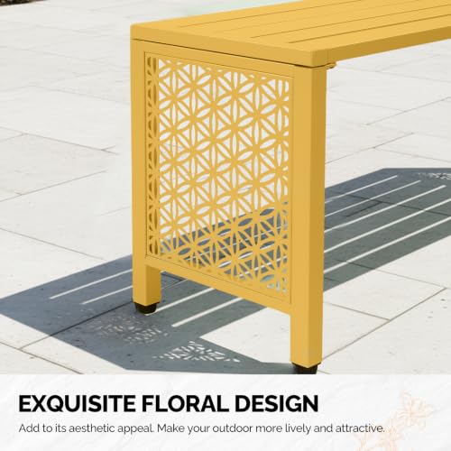 Image of VINGLI 40in Outdoor Metal Bench, All-Weathe Backless Patio Bench with Slatted Seat&Floral Side Panels, Rust-Resistant Garden Bench, Weatherproof Outdoor Seating for Porch Entryway Backyard (Yellow)