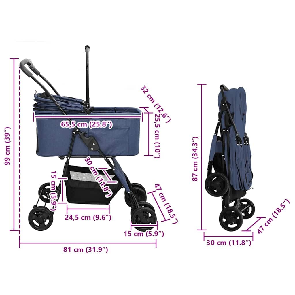 Faltbarer Haustierwagen Blau 81 x 47 x 99 cm Polyester für Hunde Katzen Tragbarer Tierbuggy mit Netz und Regenverdeck ideal für Spaziergänge Reisen Outdoor und Indoor Nutzung