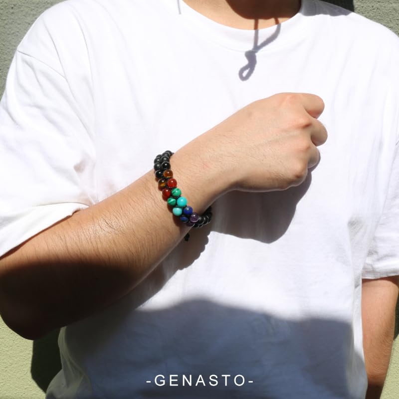Mens Crystal Bracelet, 7 Chakra Bracelet with Real Stones Tigers Eye Obsidan Amethyst Malachite Amazonite Lapis Lazuli Red Agate Beads Bracelets for Multi Healing Protection Balance2