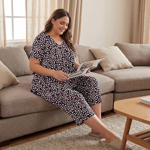 Image of Bestbee Women's Pajama Sets 2 Piece Lounge Outfits Summer Sleepwear V Neck Short Sleeve Capri Pant With Pockets Ladies Pjs