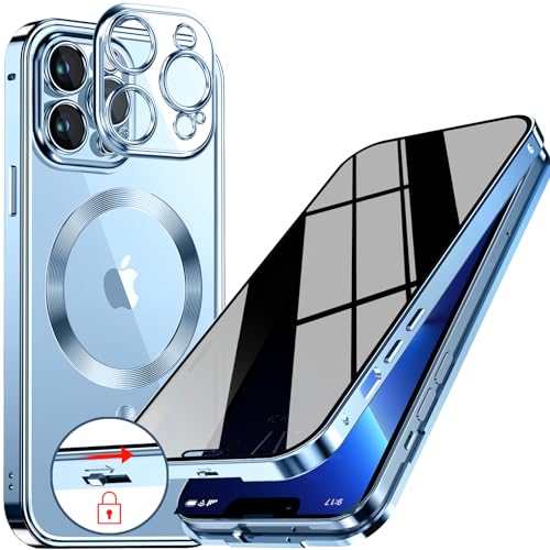 Coque Anti-Espion Magnétique pour iPhone 13 Pro Max Bleu avec Verre 9H et Bague Métal