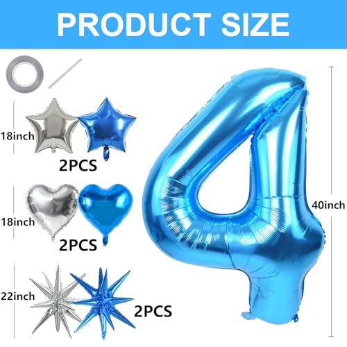 Image of TONIFUL 4th Birthday Balloons Kit 40 Inch Blue Large Number 4 Foil Balloon